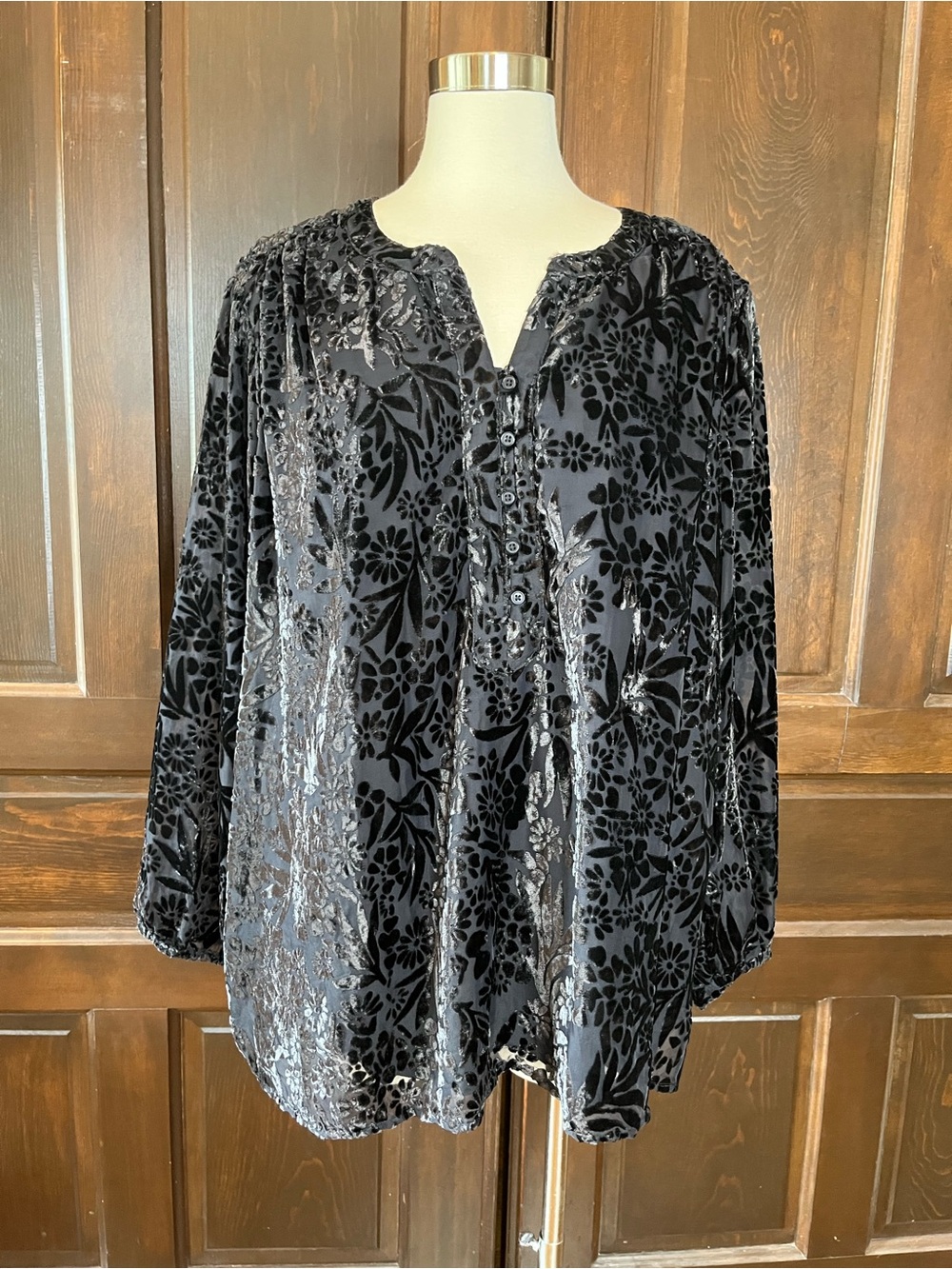 Coldwater Creek 3X Black Velvet Burnout Tunic Top Popover Lined NWOT